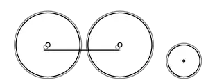 Diagram of two large coupled wheels and a single small trailing wheel