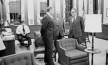 General Haig with Secretary of State Henry Kissinger and his assistant Major George Joulwan (seated, corner left) at Haig's office in the White House, August 8, 1974.