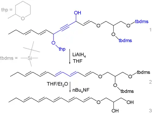 SMILES-esque: thp is CC1CCCCO1, tbdms is CSi(C)(C)C(C)(C)C.  Step 1 is CCC=CC=CC(Othp)C#CC(O)C=COCC(Otbdms)COtbdms, to which is added LiAlH4 in THF to obtain Step 2, namely CCC=CC=CC=CC=CC=COCC(Otbdms)COtbdms, to which is added nBu4NF in THF/Et2O to obtain Step 3, namely CCC=CC=CC=CC=CC=COCC(O)CO