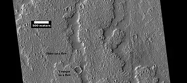 Close-up of lava flow with labels, as seen by HiRISE under HiWish program Note: this is an enlargement of the previous image of lava flows.