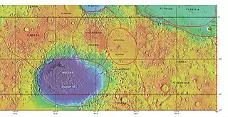 MOLA map showing boundaries of Tyrrhena Terra and other nearby regions