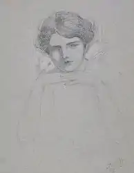 Drawing of a woman sitting, leaning her chin on the back of her hands.