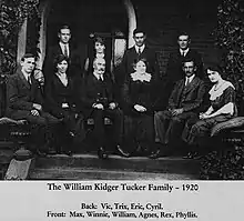 Black and white photograph of three men and one woman standing behind three seated men and three seated women, dressed in typical attire for the 1920s.