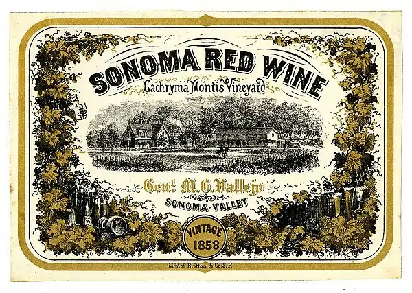 Wine label, Lachryma Montis Vineyard, Sonoma Red Wine 1858. California Historical Society archives.