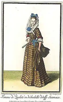 Woman in dress made of Siamoise ("Siamese") textile, 1687