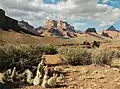 From the south. Left to right: Angels Gate, Wotans Throne, Newberry Butte, and Vishnu Temple