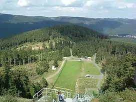 View over the bottom of the Wurmberg Ski Jump to the Großer Winterberg; the treeless strip to the left indicates the course of the old Inner German Border; rear right is the edge of Schierke