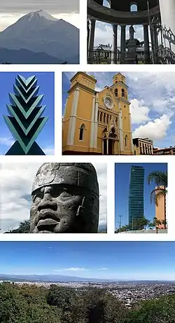 Clockwise, from upper left: Pico de Orizaba, General Juan de la Luz Enríquez Lara tomb, Xalapa Cathedral,  Araucaria sculpture, Olmec colossal head from Museo de Antropología de Xalapa, Centro Mayor Tower, panoramic view from the Macuiltepetl's Mountain.