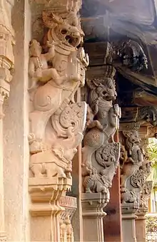 Granite yali pillars, Aghoreshwara Temple, Ikkeri, Shimoga District