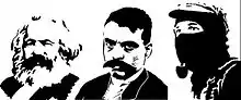 The portraits of Karl Marx, Emiliano Zapata, and Subcomandante Marcos, all symbols used in the Neozapatismo ideology.