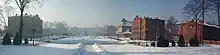 Panorama of Żyrardów new town's main square in winter