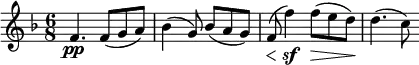 
    \relative c' {
        \set Score.currentBarNumber = #37
        \key f \major
        \time 6/8

        f4.\pp f8( g a)
        bes4( g8) bes( a g)
        \override DynamicLineSpanner.staff-padding = #2
        f(\< f'4)\sf f8(\> e d)\!
        d4.( c8)
    }
