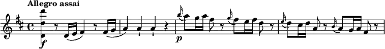 
\relative c'' {
  \key d \major
  \tempo "Allegro assai"
  <d' d, d,>\f r8 d,,16( e fis4) r8 fis16( g a4) a-! a-! r \grace b'16\p(a8 ) g16 a fis8 r \grace g16(fis8 ) e16 fis d8 r \grace e16(d8 ) cis16 d a8 r \grace b16(a8 ) g16 a fis8 r
}
