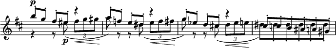 
\relative c' \new Staff \with { \remove "Time_signature_engraver" } {
 \key d \major \time 3/4 \tempo ""
  <<
   {
    b''8-. ^\p [ g-.] fis-. eis-. r4 a8-.[ f-.] e-. dis-. r4
    g8-.[ es-.] d-. cis!-. r4 cis8-. c-. b-. ais-. a-. gis-.
   }
  \\
   {
    r4 r8 eis'_\p ( \times 2/3 { fis8\< g gis } a8\! ) r r dis,( \times 2/3 { e8\< f fis }
    g8\! ) r r cis,( \times 2/3 { d8\< es e } dis8\! ) dis-. dis-. dis-. dis-. dis-.
   }
  >>
}
