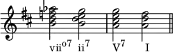 
{
  \set Score.proportionalNotationDuration = #(ly:make-moment 1/4)
\omit Score.TimeSignature
\key d \major
\relative c'' { 
      <b d f aes>2_\markup { \concat { "vii" \raise #1 \small "o7" \hspace #1.2 "ii" \raise #1 \small "7"  \hspace #4.7 "V" \raise #1 \small "7" \hspace #4 "I" } } <b d e g> <a cis e g> <a d fis> \bar "||"
   }
}
