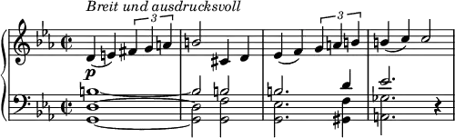 
{ \new PianoStaff <<
\new Staff { \set Staff.midiInstrument = #"piano" \key c \minor \clef treble \time 2/2 \set Score.tempoHideNote = ##t \stemUp \tempo 2 = 55
         <> \p<> ^\markup \italic {"Breit und ausdrucksvoll" } d'4( e') \tuplet 3/2 { fis' g' a' }
         b'2 cis'4 d'
         ees'( f') \tuplet 3/2 { g' a' b' }
         b'( c'') c''2 }
  \new Staff <<
    \new Voice \relative c' { \stemUp \clef bass \key c \minor \time 2/2
    b1~ 
    b2 b2
    b2. d4
    ees2. r4 }
    \new Voice \relative c { \stemDown
    <g d'>1~
    <g d'>2 <g f'>2
    <g ees'>2. <gis f'>4
    <a ges'>2. r4 }
>>  >> }
