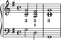 
    {
      \new PianoStaff <<
        \new Staff <<
            \new Voice \relative c'' {
                \stemUp \clef treble \key g \major \time 4/4 \tempo 2 = 60 \set Score.tempoHideNote = ##t
                <b, d g>2 <a d fis> <b d g>1
                }
                \new FiguredBass {
                    \figuremode {
                       <3>2 <5 _+> <3>1
    }
  }
            >>
        \new Staff <<
            \new Voice \relative c' {
                \stemDown \clef bass \key g \major \time 4/4
                g2 d g,1
                }
            >>
    >> }
