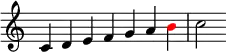   {
\override Score.TimeSignature #'stencil = ##f
\relative c' {
  \clef treble \key c \major \time 7/4 c4 d e f g a \once \override NoteHead.color = #red b c2
} }
