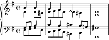 
   \new PianoStaff <<
      \new Staff <<
         \new Voice \relative c'' {
             \stemUp \clef treble \key e \minor \time 4/4
             \partial2 b4 b a g fis2 e1
             }
         \new Voice \relative c' {
             \stemDown
              \partial2 e4 e8 dis e fis g e e4 dis b1
              }
            >>
     \new Staff <<
         \new Voice \relative c' {
             \stemUp \clef bass \key e \minor \time 4/4
             \partial2 g8 a b4 c b cis b8 a! gis1
             }
         \new Voice \relative c {
             \stemDown
             \partial2 e8 fis g e c d e c ais4 b e,1
             }
         >>
    >>
