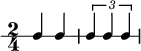  \new RhythmicStaff {
   \clef percussion
   \time 2/4
   \set Score.tempoHideNote = ##t \tempo 4 = 100
   c4 c
   \tuplet 3/2 { c4 c c }
}
