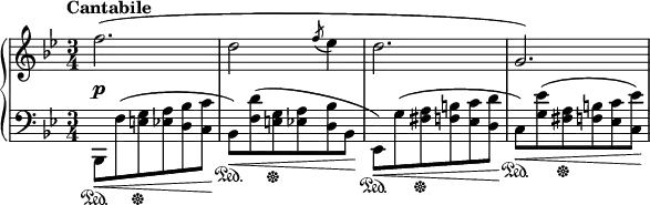 
    {
      \new PianoStaff <<
        \new Staff <<
            \new Voice \relative c'' {
                \tempo "Cantabile"
                \clef treble \key bes \major \time 3/4
                \override DynamicLineSpanner.staff-padding = #2.5
                f2.\p( d2 \acciaccatura { f8 } es4 d2. g,2.)
                }
            >>
        \new Staff <<
            \relative c, {
                \clef bass \key bes \major \time 3/4
                bes8\<\sustainOn_[ f''^( <e g>\sustainOff <es a> <d bes'> <c c'>]\! 
                bes8\<\sustainOn_[) <f' d'>^( <e g>\sustainOff <es a> <d bes'> bes]\!
                es,8\<\sustainOn_[) g'^( <fis a>\sustainOff <f b> <es c'> <d d'>]\! 
                c8\<\sustainOn_[) <g' es'>^( <fis a>\sustainOff <f b> <es c'> <c es'>])\! 
                }
            >>
    >> }
