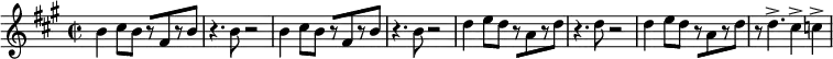 
{
    \relative c'' {
        \time 2/2 \key a \major
        \set Score.tempoHideNote = ##t \tempo 2 = 108
        b4 cis8 b r[ fis r b]
        r4. b8 r2
        b4 cis8 b r[ fis r b]
        r4. b8 r2
        d4 e8 d r[ a r d]
        r4. d8 r2
        d4 e8 d r[ a r d]
        r8 d4.-> cis4-> c->
    }
}
