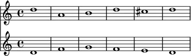 
\relative c'' {
  <<
    \new Staff { \clef "treble" d1 a b d cis d }
    \new Staff { \clef "treble" d,1 f g f e d }
  >>
}
