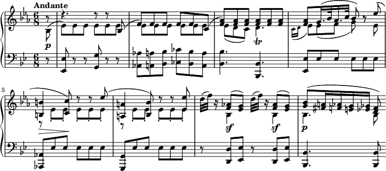 
    { \new PianoStaff <<
        \new Staff <<
            \set Staff.midiInstrument = "string ensemble 1"
            \clef treble
            \key es \major 
            \time 6/8 
            \tempo "Andante" \tempo 8 = 144
            \new Voice \relative c' {
                \stemUp \partial 8 r8
                r4. r8 r bes^(
                f')] f f] f[ f c^(]
                <f aes>)[ <f aes> <f aes>] <f aes>[ <f aes> <f aes>]
                <f aes>[  g16.^( bes32 aes16. c32] bes8) r es^( \break

                <b, b'>4_\> <c c'>8)\! r8 r es'^(
                <a,, a'>4 <bes bes'>8) r r <es es'>
                s <f aes!>^([ <es g>)] s <f aes>^([ <es g>)]
                <g bes>8^([ <fis a>16 <f aes> <e g> <es ges>] <d f>8)
            }
            \new voice \relative c' {
                \stemDown \partial 8 bes8(_\p
                es)[ es es] es[ es es]
                es[ es es] es[ es es]
                es_([ d c)] d4._\trill 
                \grace { \stemDown c16_( d } es8)[ es_( f] g) r es \break

                r es[_. es]_. es[_. es_. es]_.
                r es_.[ es_.] es_.[ es_. es_.]
                d'32^( f) r16 bes,,4_\sf d'32^( f) r16 bes,,4_\sf
                bes4._\p bes8
            }
        >>
        \new voice \new Staff <<
            \set Staff.midiInstrument = "string ensemble 1"
            \clef bass
            \key g \minor 
            \relative c, {
                \time 6/8
                \partial 8 r8
                <es es'> r r <g g'> r r
                <aes aes'>[ <a a'> <bes bes'>] <ces ces'>[ <bes bes'> <a a'>]
                <bes bes'>4. <bes, bes'>
                <es es'>8[ es' es] es[ es es] \break

                <aes,, aes'>[ es'' es] es[ es es]
                <g,, g'>[ es'' es] es[ es es]
                r <d, d'> <es es'> r <d d'> <es es'>
                <bes bes'>4. <bes bes'>8
            }
        >>
    >> }
