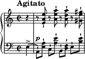 
\new PianoStaff <<
\new Staff = "Up" \with { \magnifyStaff #3/4 } <<
\new Voice \relative c' {
\clef treble
\tempo "Agitato"
\set Score.tempoHideNote = ##t \tempo 4 = 160

\key a \minor
\time 2/2
\partial 4
r4 r8 <e a e'>-! r <a e' a>-! r <a d a'>-! r <gis e' gis>-!
}
>>
\new Staff = "Down" \with { \magnifyStaff #3/4 } <<
\new Voice \relative c{
\clef bass
\key a \minor
\dynamicUp
e4-> (a,8-! \p) [<e' a>-!] c-! <a' e'>-! b,-! [<f' d>-!] e-! <b' e>-!
}
>>
>>
