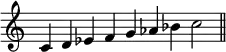 
{
\override Score.TimeSignature #'stencil = ##f
\relative c' {
  \clef treble
  \time 9/4
  c4 d es f g aes bes c2 \bar "||"
} }
