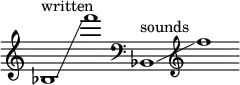 
    {
      \new Staff \with { \remove "Time_signature_engraver" }
      \clef treble \key c \major \cadenzaOn
      bes1 ^ \markup "written" \glissando f'''1
      \clef bass ^ \markup "sounds" bes,1 \glissando \clef treble f''1
    }
  