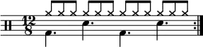     \new Staff <<
       \new voice \relative c' {
           \clef percussion
           \numericTimeSignature
           \time 12/8
           \set Score.tempoHideNote = ##t \tempo 4. = 80
           \stemDown \repeat volta 2 { g4. d' g, d' }
       }
       \new voice \relative c'' {
           \override NoteHead.style = #'cross
           \stemUp \repeat volta 2 { a8 a a  a a a  a a a  a a a }
       }
   >>