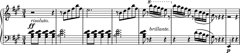 
 \relative c' {
  \new PianoStaff <<
   \new Staff { \key fis \minor \time 3/4
    \set Score.tempoHideNote = ##t
     \tempo "" 2. = 64
     r2_\markup { \italic risoluto. } r4 r8 b' d fis b fis e2. r8 b d fis b fis e8 r \ottava #1 \set Staff.ottavation = #"8"
       \voiceTwo b''16( a gis fis e8) r \ottava #0 b16( a gis fis e8) r d16( cis b a gis8) r r4 r r2 r4
   }
   \new Dynamics {
    s2\ff s4 s8 s s s s s s2. s8 s s s s s s8 s s16_\markup { \italic brillante. }
      }
   \new Staff { \key fis \minor \time 3/4 \clef bass
      <gis, b d e>8 <gis b d e> <gis b d e>4 <gis b d e> <a b d fis>2. <gis b d e>8 <gis b d e> <gis b d e>4 <gis b d e> <a b d fis>2. <gis b d e>8 r r4 r r r d'16( cis b a gis8) r r4 r e,\p r r
   }
  >>
 }
