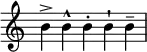  {
\override Score.TimeSignature #'stencil = ##f
    \relative c'' {
        \time 5/4
        b-> b-^ b-. b-! b--
    }

}
