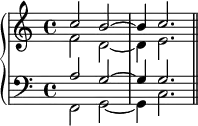 
   \new PianoStaff <<
      \new Staff <<
         \new Voice \relative c'' {
             \stemUp \clef treble \key c \major \time 4/4
             c2 b^~ b4 c2.
             }
         \new Voice \relative c' {
             \stemDown
              f2 d_~ d4 e2.
              }
            >>
     \new Staff <<
         \new Voice \relative c' {
             \stemUp \clef bass \key c \major \time 4/4
             a2 g^~ g4 g2.
             }
         \new Voice \relative c, {
             \stemDown
             f2 g_~ g4 c2. \bar "||"
             }
         >>
    >>
