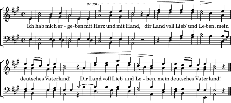 
\header { tagline = ##f }
\layout { indent = 0 \context { \Score \remove "Bar_number_engraver" } }
global = { \key a \major \time 4/4 \partial 4 }

soprano = \relative c'' { \global
  e,4 | cis'2 b4 cis | a2 e4 e^\cresc | e'2 d4 e | cis2 r4
  a\! | fis'^\< fis fis fis\! | e2^\> cis4\! e | e d8 (cis) d4 e | cis2 r4
  a^\< | fis' fis a fis\! | e2^\> cis4\! e | e d8 (cis) d4 e cis2 r4 \bar "|."
}

alto = \relative c' { \global
  e4 | a2 gis4 gis | a2 e4 e | a2 a4 gis | a2 r4
  a | d d d d | cis2 cis4 a | a a gis b | a2 r4
  a | d d d d | cis (b) a a | a a gis <gis b> | a2 r4 \bar "|."
}

tenor = \relative c { \global
  e4 | e2 e4 e | e2 e4 e | e2 fis4 e | e2 r2 |
  r4 fis a b | cis2 a4 \slurDown a8 (gis) | fis4 fis e gis | e
  e a2~ | a4 a a a | gis2 a4 e | fis fis e e | e2 r4 \bar "|."
}

bass = \relative c { \global
  e4 | a,2 d4 d | cis2 e4 d | cis2 b4 e4 | a,2 r2 |
  r4 d fis gis | a2 a4 cis, | d b e e | a,2 r4
  a' | d,4. e8 fis4 d | e2 a,4 cis | d b e e, | a2 r4 \bar "|."
}

verse = \lyricmode {
  Ich hab mich er -- ge -- ben
  mit Herz und mit Hand,
  dir Land voll Lieb’ und Le -- ben,
  mein deut -- sches Va -- ter -- land!
  Dir Land voll Lieb’ und Le -- ben,
  mein deut -- sches Va -- ter -- land!
}

\score {
  \new ChoirStaff <<
    \new Staff \with { midiInstrument = "brass section" \consists "Merge_rests_engraver" }
    <<
      \new Voice = "soprano" { \voiceOne \soprano }
      \new Voice = "alto" { \voiceTwo \alto }
    >>
    \new Lyrics \with { \override VerticalAxisGroup #'staff-affinity = #CENTER }
      \lyricsto "soprano" \verse
    \new Staff \with { midiInstrument = "brass section" \consists "Merge_rests_engraver" }
    <<
      \clef bass
      \new Voice = "tenor" { \voiceOne \tenor }
      \new Voice = "bass" { \voiceTwo \bass }
    >>
  >>
  \layout { }
  \midi {
    \tempo 4=108
  }
}
