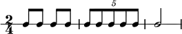  \new RhythmicStaff {
   \clef percussion
   \time 2/4
   \set Score.tempoHideNote = ##t \tempo 4 = 100
   c8 c c c
   \tuplet 5/4 { c8 c c c c }
   c2
}
