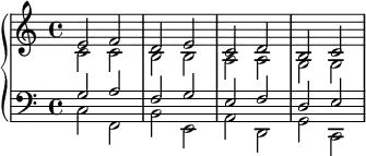 
    {
      \new PianoStaff <<
        \new Staff <<
            \new Voice \relative c' {
                \stemUp e2 f d e c d b c
                }
            \new Voice \relative c' {
                \stemDown c2 c b b a a g g
                }
            >>
        \new Staff <<
            \new Voice \relative c' {
                \clef F
                \stemUp g2 a f g e f d e 
                }
            \new Voice \relative c {
                \stemDown c f, b e, a d, g c,
                }
            >>
    >> }
