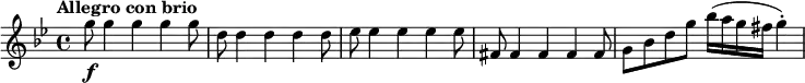 
\relative c''' {
  \set Score.tempoHideNote = ##t \tempo "Allegro con brio" 4 = 240
  \key g \minor
  g8\f g4 g g g8 |
  d8 d4 d d d8 |
  es8 es4 es es es8 |
  fis,8 fis4 fis fis fis8 |
  g8 bes d g bes16( a g fis g4)-. |
}
