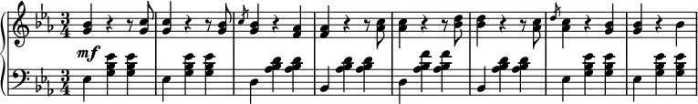 
 \relative b' {
  \new PianoStaff <<
   \new Staff { \key c \minor \time 3/4 \set Score.tempoHideNote = ##t \tempo 4 = 120
    <<
   {
     <g bes>4 r4 r8 <g c>8 <g c>4 r4 r8 <g bes>8 \slashedGrace c8 <g bes>4 r4 <f aes>4 <f aes>4 r4 r8 <aes c>8 <aes c>4 r4 r8 <bes d>8 <bes d>4 r4 r8 <aes c>8 \slashedGrace d8 <aes c>4 r <g bes>4 <g bes>4 r4 bes4
   }
    >>
   }
   \new Dynamics {
    s\mf
   }
   \new Staff { \key c \minor \time 3/4 \clef bass
    ees,, <g bes ees> <g bes ees> ees <g bes ees> <g bes ees> d <aes' bes d> <aes bes d> bes, <aes' bes d> <aes bes d> d, <aes' bes f'> <aes bes f'> bes, <aes' bes d> <aes bes d> ees <g bes ees> <g bes ees> ees <g bes ees> <g bes ees>
   }
  >>
 }
