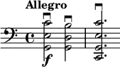 
    \relative c {
        \time 4/4
        \clef bass
        \tempo "Allegro"
        <g e' c'>2 \f \downbow <g d' b'> \downbow
        <c, g' e' c'>2. \downbow
    }
