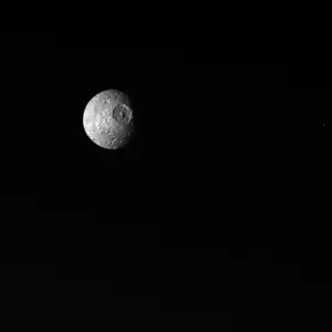 An image of Mimas taken by Voyager 1 from a distance of 550,000 km (340,000 miles) on November 12, 1980 during its flyby of Saturn.