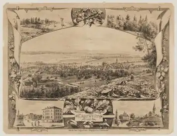 Tägerwilen in 1883: overall view from the southwest (with marginal vignettes). Photographed and lithographed from nature by Ernst Kreidolf